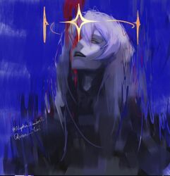  1girl artist_name blood blood_on_face blue_background blurry colored_skin depth_of_field english_commentary glowing grey_hair grey_skin hair_between_eyes halo herrscher_of_the_end honkai_(series) honkai_gakuen kiana_kaslana looking_up open_mouth pale_skin queen_yuri.mj shade solo star_(symbol) twitter_username upper_body 