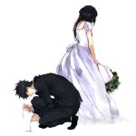  1girl black_hair bouquet bouquets bride diamond_(pokemon) dress flower hareta_(pokemon) hikari_(pokemon) long_hair lowres pokemon simple_background tuxedo wedding_dress white_background 