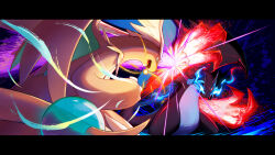  blocking blue_fire charizard claws commentary_request dragon_type_theme_(pokemon) dragonite energy_ball fighting fighting_stance fire glowing_claws head_wings highres horns jcstr mega_charizard_x mega_dragonite mega_pokemon pokemon pokemon_(creature) punching serious single_horn tail wings 