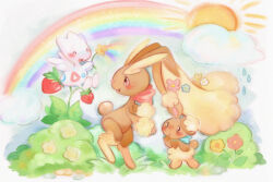  3others blush brown_eyes buneary clouds commentary doekis flower food fruit furry grass highres holding holding_flower lopunny multiple_others pink_eyes pokemon pokemon_(creature) rain rainbow ribbon smile standing strawberry sun tail togetic untranslatable_commentary 