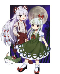  2girls bamboo black_shoes blunt_bangs blush_stickers bobby_socks bow clenched_hand closed_mouth collared_dress collared_shirt commentary_request dress ex-keine footwear_bow frown fujiwara_no_mokou full_body full_moon green_dress green_hair hair_bow hands_in_pockets highres horn_bow horn_ornament horns imperishable_night juliet_sleeves kamishirasawa_keine long_hair long_sleeves looking_at_viewer moon multiple_girls multiple_hair_bows neckerchief ofuda ofuda_on_clothes open_mouth outside_border pants puffy_sleeves purple_sky red_bow red_eyes red_neckerchief red_pants red_shoes shirt shoes sidelocks sky smile socks standing sukusuku_hakutaku suspenders touhou very_long_hair walking white_background yamadainari 