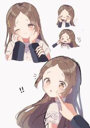  ! !! 1girl :o aaaakonnitiha black_sleeves blush brown_eyes brown_hair cheek_poking cheek_pull closed_eyes collared_shirt flying_sweatdrops forehead frilled_sleeves frills furrowed_brow gakuen_idolmaster hair_ornament hand_on_another's_arm hand_on_another's_hand hands_on_another's_cheeks hands_on_another's_face heart highres idolmaster kuramoto_china leaf_hair_ornament long_hair long_sleeves looking_at_viewer official_alternate_costume one_eye_closed open_mouth parted_bangs poking pov pov_hands producer_(idolmaster) shirt short_sleeves simple_background solo straight_hair white_background white_shirt wide-eyed 