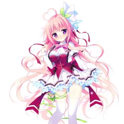  >:) 1girl ahoge back_bow black_bow blush bow bowtie breasts buttons dress feet_out_of_frame game_asset green_ribbon hair_ribbon hand_up haru_haru_(koikoko) heart heart_ahoge highres juliet_sleeves koi_suru_kokoro_to_mahou_no_kotoba large_breasts large_variant_set leg_ribbon long_hair long_sleeves looking_at_viewer non-web_source nose_blush pink_bow pink_bowtie pink_hair puffy_sleeves red_bow red_vest ribbon self-datamine shiromochi_sakura shirt short_dress simple_background single_hair_intake solo standing star_(symbol) thigh-highs transparent_background v-shaped_eyebrows variant_set vest violet_eyes white_shirt white_thighhighs zettai_ryouiki 