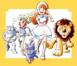  1980s_(style) 1girl 3boys :d animal apron armor bear blue_dress blue_eyes blue_shirt boots border brown_hair cat chasing commentary_request cowardly_lion dog dorothy_gale dress fleeing full_body fussan_senryobako green_pants hat holding kneehighs ladle lion long_hair long_sleeves looking_at_viewer multiple_boys open_mouth pants puff_of_air puffy_sleeves retro_artstyle robot running scarecrow_(the_wizard_of_oz) scarf shirt shoes short_sleeves sigh smile socks standing teeth the_wizard_of_oz tin_man_(the_wizard_of_oz) upper_teeth_only walking white_apron witch_hat wizard_hat yellow_border 