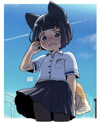  1girl animal_ears black_hair black_pantyhose black_skirt blue_sky blush brown_eyes clouds collared_shirt commentary_request contrail day dress_shirt fang fox_ears fox_girl fox_tail hand_up kukuri_(mawaru) looking_at_viewer mawaru_(mawaru) open_mouth original pantyhose pleated_skirt redrawn shirt short_hair short_sleeves skirt sky small_sweatdrop solo sweat tail watermark white_shirt 