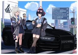  2girls abs black_hair black_jacket black_necktie black_shoes black_socks black_thighhighs blue_archive blue_boots blue_eyes blue_shirt blue_sky boots car city closed_eyes closed_mouth commentary cup disposable_coffee_cup disposable_cup dodge_charger english_commentary floral_print_shirt grey_hair grey_halo gun halo holding holding_cup holding_gun holding_weapon jacket kneehighs konoka_(blue_archive) long_sleeves mask melissa_v2 motor_vehicle mouth_mask multiple_girls muscular muscular_female necktie open_clothes open_jacket open_mouth original police_car red_halo shirt shoes shotgun single_kneehigh single_sock sky smile sneakers socks thigh-highs tied_shirt weapon white_mask 
