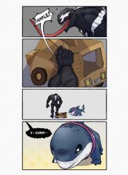  1boy fins fish_tail highres jeff_the_land_shark long_tongue marvel marvel_rivals monster_boy muscular muscular_male open_mouth shark shark_fin shark_tail sharp_teeth spider-man_(series) superhero_costume tail teeth tongue tongue_out venom_(marvel) yamuoez 