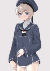  1girl black_neckerchief blue_dress blue_eyes blue_hat blue_sailor_collar commentary_request cowboy_shot dress grey_background grey_hair hat highres kantai_collection long_sleeves looking_at_viewer microdress neckerchief sailor_collar sailor_dress sailor_hat short_dress short_hair simple_background solo standing tirasi_(so) z1_leberecht_maass_(kancolle) 