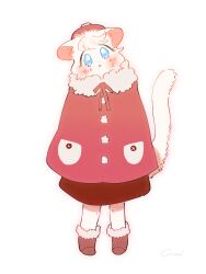  1girl blue_eyes body_fur boots capelet cat_girl cocri commentary_request full_body fur-trimmed_capelet fur_trim furry furry_female head_tilt highres looking_at_viewer original pom_pom_(clothes) princess_koyuki_(cocri) red_capelet simple_background solo standing tail white_background white_fur white_hair 