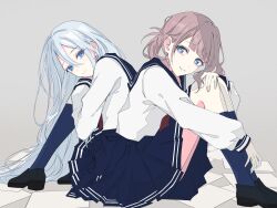 2girls awanoo back-to-back black_shoes blue_eyes blue_sailor_collar blue_skirt blue_socks blunt_bangs brown_hair closed_mouth commentary dot_nose from_side grey_background grey_hair hair_between_eyes hair_spread_out hand_on_own_knee hand_up highres kneehighs knees_up long_hair long_sidelocks long_sleeves looking_at_viewer mochizuki_honami multiple_girls neckerchief on_floor paper pleated_skirt project_sekai red_neckerchief sailor_collar school_uniform serafuku shirt shoes side_ponytail sidelocks simple_background sitting skirt smile socks straight_hair torinoko_city_(vocaloid) turning_head very_long_hair white_shirt yoisaki_kanade 