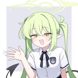  1girl :d black_tail blue_archive blush collared_shirt demon_tail fang green_hair green_halo halo highlander_railway_academy_logo highres long_hair looking_at_viewer nako775 nozomi_(blue_archive) open_mouth pointy_ears shirt short_sleeves skin_fang smile solo tail twintails waving white_shirt yellow_eyes 