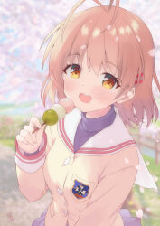  1girl :d antenna_hair blazer blue_shirt blue_skirt blurry blurry_background blush brown_eyes brown_hair cherry_blossoms clannad commentary cowboy_shot dango day eyelashes falling_petals food furukawa_nagisa hair_between_eyes hair_ornament hairclip hand_up happy highres hikarizaka_private_high_school_uniform holding holding_food jacket looking_at_viewer medium_hair miniskirt open_mouth outdoors parallel_hairclips petals pleated_skirt s_sequentia sailor_collar sanshoku_dango school_uniform serafuku shirt signature skirt smile solo spring_(season) tareme turtleneck turtleneck_shirt wagashi white_sailor_collar yellow_jacket 