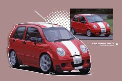  brown_background car commentary daewoo_matiz daewoo_motors english_commentary english_text highres motion_blur motor_vehicle no_humans original outline photo_inset red_car reference_inset simple_background tbartworks vehicle_focus white_outline 
