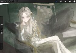  1girl art_program_in_frame crossed_legs feet_out_of_frame grey_background grey_eyes grey_hair hair_ornament hand_up highres kotowaza long_hair long_skirt looking_at_viewer lorentz_butterfly mole mole_under_eye procreate_(medium) procreate_(software) reverse:1999 screenshot shirt sitting skirt solo white_shirt white_skirt 