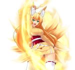  1girl animal_ears arm_up blonde_hair breasts butter-t fox_ears fox_tail green_eyes impossible_clothes japanese_clothes kitsune large_breasts long_hair magic multiple_tails open_mouth original ribbon-trimmed_legwear ribbon_trim solo tail thigh-highs white_legwear zettai_ryouiki 
