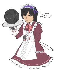  ... 1boy 1girl alternate_costume apron black_eyes black_hair blue_flower bow bowtie brown_dress closed_mouth collared_dress commentary_request cropped_legs crossdressing dress enmaided explosive flower frilled_apron frilled_dress frilled_hairband frills hairband headdress highres holding holding_plate holding_tray juliet_sleeves long_hair long_sleeves looking_at_viewer maid maid_apron maid_day maid_headdress male_focus mechanical_arms metal_ball mii_(nintendo) mii_brawler mii_brawler_(smash_ultimate) miifighterss2 neck_ribbon pink_bow pink_bowtie pink_hairband plate puffy_sleeves purple_flower red_dress ribbon simple_background sleeve_cuffs solo speech_bubble spoken_ellipsis super_smash_bros. thick_eyebrows tray twitter_username white_apron white_background 