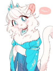  1girl animal_hands blue_dress blue_eyes body_fur cat_girl cocri commentary_request dress furry furry_female highres looking_at_viewer meowing neck_fur original own_hands_together simple_background solo tiara upper_body white_background white_fur white_hair 