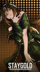  1girl absurdres animal_ears bare_shoulders black_hair black_jacket black_nails black_shirt black_shorts brown_eyes brown_hair character_name chococonisky closed_mouth commentary ear_covers hair_between_eyes highres horse_ears horse_girl jacket jacket_partially_removed long_hair looking_at_viewer multicolored_hair nail_polish official_alternate_costume open_clothes open_jacket shirt shorts solo stay_gold_(umamusume) streaked_hair umamusume white_hair 