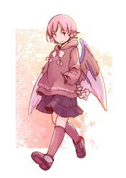  1girl adapted_costume bird_wings black_skirt blush brown_hoodie brown_socks commentary_request earrings full_body grey_shoes hands_in_pockets hood hoodie hoop_earrings jewelry kneehighs missing_headwear mystia_lorelei orange_background pink_hair rangycrow red_eyes shoes skirt smile socks solo touhou walking wings |_| 