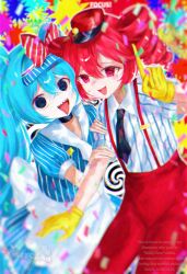  2girls absurdres aqua_eyes aqua_hair artist_name commentary_request confetti drill_hair gloves hat hatsune_miku highres kasane_teto looking_at_viewer mesmerizer_(vocaloid) multiple_girls open_mouth red_eyes skellychan skirt striped_clothes tongue tongue_out twin_drills twintails vocaloid yellow_gloves 