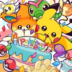  :3 :o @_@ anniversary birthday_cake cake candle caterpie closed_eyes commentary_request confetti copyright_name cutiefly dedenne ditto dot_nose fire food imomushi_96 milcery no_humans open_mouth pawmi pikachu poke_ball poke_ball_(basic) poke_ball_symbol pokemon pokemon_(creature) pokemon_day pokemon_focus polteageist smile spiral-only_eyes transformed_ditto 