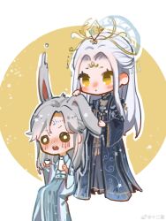  1boy 1girl :o ^^^ animal_ears baishuo_(shining_nikki) black_capelet black_hanfu blue_halo blue_hanfu blue_robe border bottle butterfly_brooch capelet chinese_clothes chinese_commentary chinese_hairpin choko_(cup) circlet commentary_request crescent crescent_halo cup curious deformed extra_ears eyelashes flustered forehead forehead_jewel full_body grey_hair hair_between_eyes hair_ornament hair_stick hairpin halo halo_behind_head hanfu high_collar highres holding holding_another's_ear holding_bottle holding_cup light_blush long_hair long_sidelocks long_sleeves looking_at_another mandarin_collar moonset_(shining_nikki) multiple_hairclips nikki_(series) o_o one_ear_down open_mouth outline outside_border parted_bangs print_robe qingyue_(shining_nikki) rabbit_boy rabbit_ears robe round_border sake_bottle shi'er_man shining_nikki sidelocks sparkle star_(symbol) star_print star_symbol_background very_long_hair watermark weibo_watermark white_border white_hair white_outline wide_sleeves yellow_background yellow_eyes yunjian 