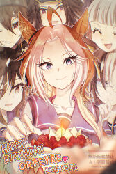  6+girls ahoge animal_ears beanie birthday_cake black_hair blue_eyes blush bow bowtie brown_eyes brown_hair cake candle closed_eyes closed_mouth collarbone commentary_request dream_journey_(umamusume) ear_covers ears_through_headwear eyewear_strap fenomeno_(umamusume) flipped_hair food glasses gold_ship_(umamusume) grey_hair grey_hat hair_between_eyes happy_birthday hat highres horse_ears horse_girl long_hair long_sleeves multicolored_hair multiple_girls nakayama_festa_(umamusume) open_mouth orange_hair orfevre_(umamusume) peaked_cap purple_hair purple_sailor_collar purple_shirt sailor_collar sailor_shirt school_uniform shirt single_ear_cover smile stay_gold_(umamusume) stay_gold_clan_(umamusume) streaked_hair tracen_school_uniform two-tone_hair umamusume violet_eyes white_bow white_bowtie white_hair yue_(lov_n_n) 