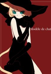  1girl :3 absurdres animal_ears animal_nose backless_dress backless_outfit bad_id bad_twitter_id bag black_bag black_dress black_feather_boa black_gloves black_hat blonde_hair blue_eyes blue_sclera cat_ears cat_girl cat_tail closed_mouth colored_sclera dress elbow_gloves expressionless facing_viewer feather_boa french_text gag gloves hat highres holding holding_bag looking_to_the_side lst9k original red_background simple_background slit_pupils solo tail yellow_tail 