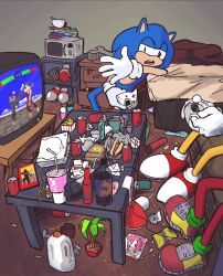  1boy 2boys 3boys animal_ears animal_nose ashtray bag_of_chips bed bedroom blue_fur blue_hair bodysuit book bottle box can cardboard_box chips_(food) controller couch crt cup disposable_cup drawer drink drink_can drinking_straw fast_food figure food french_fries fries furry furry_male game_console game_controller gloves green_eyes half-closed_eyes hedgehog hedgehog_ears hedgehog_tail holding holding_controller hot_dog indoors jug_(bottle) ketchup_bottle looking_at_viewer male_focus messy_room multiple_boys open_mouth outstretched_arm paper pillow plant playing_games playing_video_games plow_(witch_parfait) popcorn poster_(object) potato_chips potted_plant red_bodysuit rug sega_dreamcast shoes sneakers socks soda soda_bottle soda_can sonic_(series) sonic_the_hedgehog sonic_the_hedgehog_(character) spill standing table tail teeth television tissue_box trash used_tissue virtua_fighter watching_television white_gloves 