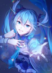  1girl 4nimenut :d artist_name ascot bare_shoulders black_thighhighs blue_eyes blue_hair blue_nails blue_necktie blue_skirt blue_theme blurry blush breasts collared_shirt commentary_request cowboy_shot depth_of_field detached_sleeves double-parted_bangs feather_hair_ornament feathers foreshortening frilled_sleeves frills from_above glowing grey_background hair_between_eyes hair_ornament hand_on_own_chest hands_up hatsune_miku hatsune_miku_expo highres light_particles long_hair looking_at_viewer looking_up miniskirt musical_note nail_polish necktie open_mouth pale_skin pleated_skirt reaching reaching_towards_another ribbed_shirt shirt shoulder_tattoo sidelocks simple_background single_hair_intake skirt sleeveless sleeveless_shirt small_breasts smile solo standing tattoo teeth thigh-highs tie_clip twintails upper_teeth_only very_long_hair vignetting vocaloid white_ascot white_feathers white_shirt white_trim wide_sleeves 