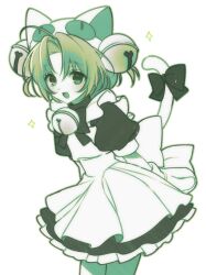  1girl ahoge animal_hat apron back_bow bell bow bowtie cat_hat cowboy_shot curtained_hair dejiko di_gi_charat dress gloves green_theme hat hat_bell highres maid maid_apron monochrome neck_bell open_mouth petticoat puffy_short_sleeves puffy_sleeves short_hair short_sleeves simple_background smile so_seo solo sparkle white_background 