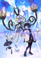  1girl absurdres belt black_dress black_hair blue_gloves blunt_bangs bob_cut candle chandelier chandelure chinese_commentary closed_mouth coat commentary_request dress e_volution evolutionary_line fire gloves gradient_hair gwynn_(pokemon) hat highres lamp lampent litwick long_sleeves mega_chandelure mega_pokemon mega_stone mismatched_eyes multicolored_hair o-ring o-ring_belt open_clothes open_coat pantyhose partially_fingerless_gloves pokemon pokemon_(creature) pokemon_legends:_z-a purple_fire purple_hair shoes short_hair smile star_(symbol) violet_eyes white_coat yellow_eyes 