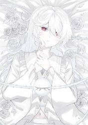  1girl absurdres albino alternate_eye_color alternate_hair_color buttons collared_shirt commentary_request diamond_button disembodied_linked_eye eyeball flower frilled_shirt_collar frills heart heart-shaped_pupils highres koishi_day komeiji_koishi kuro_wa_shinoru long_hair long_sleeves looking_at_viewer missing_headwear navel plant red_eyes rose shirt skirt solo symbol-shaped_pupils thorns touhou vines white_flower white_hair white_rose white_shirt white_skirt wide_sleeves 