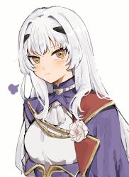  1girl annoyed blush closed_mouth commentary_request fate/grand_order fate_(series) fgo_si flower highres long_hair looking_at_viewer melusine_(fate) puff_of_air rose solo tagme upper_body white_background white_flower white_hair white_rose yellow_eyes 