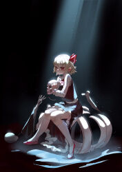  1girl ascot black_skirt black_vest blonde_hair bone chinese_commentary closed_mouth commentary dark_background expressionless from_side full_body hair_between_eyes hair_ribbon highres holding holding_skull light_rays long_sleeves red_ascot red_eyes red_shoes ribbon rumia shirt shoes short_hair sitting skeletal_arm skirt skull socks solo touhou vest white_shirt white_socks wu_yue_(vuples) 