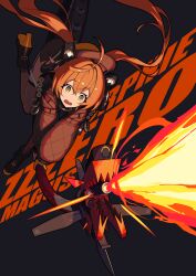  1girl ahoge black_hoodie black_pantyhose black_shoes buncho_salmon character_name commentary copyright_name dragon_girl dragon_horns dragon_tail gloves green_eyes high_heels highres hood hoodie horns long_hair long_sleeves looking_at_viewer magus_(zenless_zone_zero) mechanical_tail open_mouth orphie_magnusson pantyhose peanut_mouth puffy_long_sleeves puffy_sleeves raised_eyebrows red_hair red_pupils shell_casing shoes simple_background solo strap tail thigh_strap twintails very_long_hair yellow_gloves zenless_zone_zero 