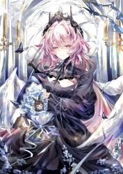  1girl absurdres amiya_(arknights) arknights black_dress black_horns blue_ribbon bouquet bug butterfly chinese_commentary closed_mouth commentary dress fingernails hair_between_eyes hair_intakes highres holding holding_bouquet horns light_blush light_particles long_hair looking_at_viewer official_alternate_costume pink_eyes pink_hair purple_butterfly ribbon sleeves_past_wrists smile solo theresa_(arknights) theresa_(condolence)_(arknights) tslhn_e white_ribbon white_wings wings 