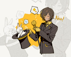  1girl animalization black_necktie brown_hair cane collared_shirt earrings faust_(project_moon) hat highres holding holding_cane holding_unworn_clothes holding_unworn_hat jewelry limbus_company long_sleeves magic_trick monocle necktie outis_(project_moon) project_moon rabbit shirt smile spoken_sparkle spoken_squiggle squiggle t_corp._(identity)_(project_moon) top_hat unworn_hat unworn_headwear uzr_akira yellow_shirt zoom_layer 