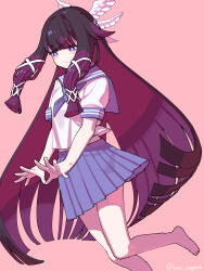  1girl absurdres alternate_costume bare_legs barefoot black_hair blue_collar blue_necktie blue_skirt closed_mouth collar columbina_(genshin_impact) genshin_impact hair_ornament hair_ribbon head_wings highres long_hair luna_nagara multicolored_hair multiple_wings necktie pink_background purple_hair purple_streaks ribbon sailor_collar school_uniform shirt simple_background skirt solo streaked_hair twitter_username two-tone_hair very_long_hair violet_eyes white_shirt white_wings wing_hair_ornament wings 