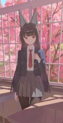  1girl absurdres alternate_costume animal_ear_fluff animal_ears black_hair black_jacket black_pantyhose classroom closed_mouth collared_shirt commentary_request crro fox_ears fox_girl grey_skirt hand_up highres hoshimi_miyabi indoors jacket long_hair looking_at_viewer necktie pantyhose red_eyes red_necktie shirt skirt solo white_shirt zenless_zone_zero 
