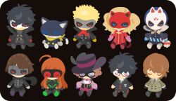  4girls 6+boys ahoge akechi_goro amamiya_ren animal_ears black_background black_bodysuit black_coat black_hair black_jacket blonde_hair blue_gloves blue_hair bodysuit brown_hair buttons cat_ears character_doll closed_eyes coat commentary_request curly_hair doll double-breasted eye_mask facing_viewer fox_(persona_5) fox_mask gloves goggles hair_between_eyes jacket joker_(persona_5) kitagawa_yusuke long_hair mask medium_hair morgana_(persona_5) multiple_boys multiple_girls niijima_makoto no_mouth noir_(persona_5) okumura_haru oracle_(persona_5) orange_hair panther_(persona_5) persona persona_5 pink_gloves pink_shirt puffy_sleeves queen_(persona_5) red_bodysuit red_gloves rizu_(rizunm) sakamoto_ryuji sakura_futaba school_uniform shirt short_hair simple_background sitting skull_(persona_5) takamaki_ann transparent_background white_gloves yellow_gloves 