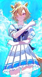  1girl absurdres animal_ears blue_sky blush bow bowtie breasts commentary_request crown hair_between_eyes highres horse_ears horse_girl horse_tail looking_at_viewer mini_crown one_eye_closed orange_hair orange_tail pink_crown pleated_skirt poposhika puffy_short_sleeves puffy_sleeves purple_bow purple_bowtie purple_shirt sailor_collar sailor_shirt school_uniform shirt short_hair short_sleeves skirt sky smile solo t.m._opera_o_(umamusume) tail thigh-highs tracen_school_uniform umamusume violet_eyes white_sailor_collar white_skirt white_thighhighs 