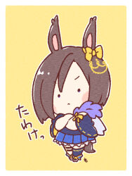  1girl :< air_groove_(empress_road)_(umamusume) air_groove_(umamusume) blue_dress chibi closed_mouth commentary_request crossed_arms dress full_body looking_at_viewer mon_momu short_hair solo umamusume yellow_background 