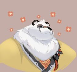  1boy animal_ears autumnleaf211 black_fur chinese_clothes closed_eyes closed_mouth english_commentary fat flower furry furry_male highres male_focus multicolored_fur pan_yinhu panda_boy panda_ears plump round_eyewear shirt smile white_fur yellow_shirt zenless_zone_zero 
