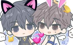  2boys angel_wings animal_ears basketball_uniform black_eyes black_hair black_jersey blush brown_eyes brown_hair cat_boy cat_ears chibi chibi_only choi_jongsu commentary_request compression_sleeve couple elbow_sleeve emoji garbage_time halo heart jersey ki_sangho korean_commentary male_focus meme mole mole_under_eye multiple_boys nxcpq1 pointing rabbit_boy rabbit_ears simple_background spiky_hair sportswear sticker sweatdrop white_jersey wings 
