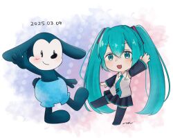  1boy 1girl black_skirt blue_eyes blue_hair blue_necktie blue_shorts chibi chibi_only closed_mouth dated detached_sleeves east-west_crossover full_body furry furry_male hair_between_eyes hatsune_miku highres mickey_mouse_&amp;_friends miku_day necktie oswald_the_lucky_rabbit pleated_skirt shirt shorts skirt twintails vocaloid white_shirt ye_natunohi 