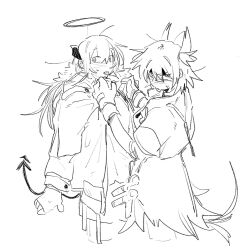  2girls animal_ears arknights bird_ears bird_girl bird_tail blush clothes_grab cowboy_shot demon_girl demon_horns demon_tail fiammetta_(arknights) gloves grabbing_another's_shirt greyscale halo highres horns jacket long_hair long_sleeves monochrome mostima_(arknights) multiple_girls open_clothes open_jacket ronsudsud shirt short_hair simple_background sketch sweatdrop tail tongue tongue_out white_background 