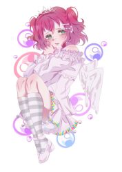  1girl :t angel_wings bloomers bubble dress floating frilled_dress frilled_sleeves frills full_body green_eyes hands_on_own_face highres knees_to_chest kurosawa_ruby kurosawa_ruby_(sweet_little_angel) long_sleeves love_live! love_live!_school_idol_festival_all_stars love_live!_sunshine!! mary_janes off_shoulder official_alternate_costume own_hands_clasped own_hands_together pearl_hair_ornament pom_pom_(clothes) red_hair shoes socks solo sparklingvv1119 striped_clothes striped_socks tiara two_side_up wavy_hair white_background white_bloomers white_dress white_tiara wings 