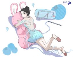  1girl absurdres alien_stage backless_dress backless_outfit bag blue_dress blueberry chinese_commentary commentary_request dress duffel_bag food fruit hair_bun highres official_alternate_costume ribbon ribbon_baton sadahalu_ai_la_shi shoes stuffed_animal stuffed_rabbit stuffed_toy sua_(alien_stage) 