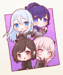  1other 25-ji_nightcord_de._(project_sekai) 3girls :o akiyama_mizuki asahina_mafuyu black_dress blue_eyes blush border brown_eyes brown_hair chibi chibi_only closed_mouth commentary_request dot_nose double-parted_bangs dress grabbing_another's_arm hair_between_eyes hand_up highres long_sleeves multiple_girls open_mouth outside_border oyasumirakko pink_eyes pink_hair project_sekai purple_background shinonome_ena short_hair sidelocks simple_background violet_eyes white_border yoisaki_kanade 